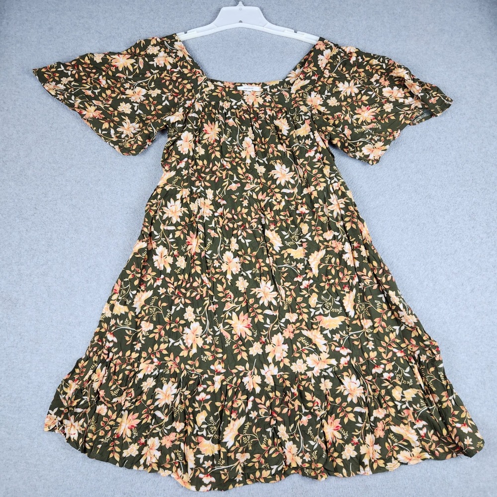 Maurices Mini Dress Womens Large Green Multi Floral Flutter Sleeve Square Neck